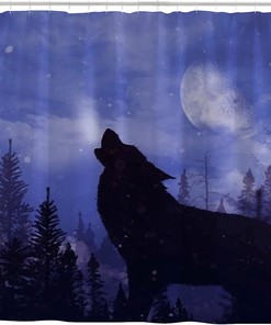 Howling Wolf Forest Snow Landscape Bathroom Decor Shower Curtain, RASHU Waterproof Fabric Bath Curtain Set