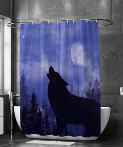 Howling Wolf Forest Snow Landscape Bathroom Decor Shower Curtain, RASHU Waterproof Fabric Bath Curtain Set