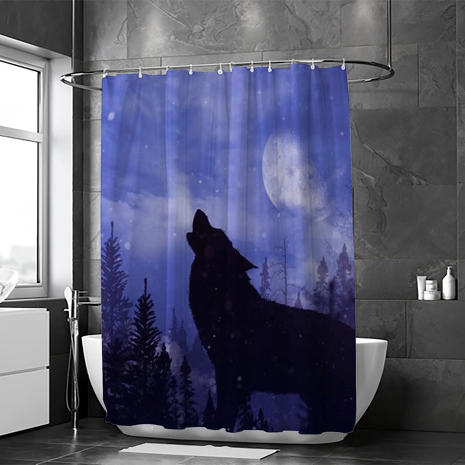 Howling Wolf Forest Snow Landscape Bathroom Decor Shower Curtain, RASHU Waterproof Fabric Bath Curtain Set