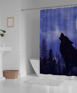Howling Wolf Forest Snow Landscape Bathroom Decor Shower Curtain, RASHU Waterproof Fabric Bath Curtain Set