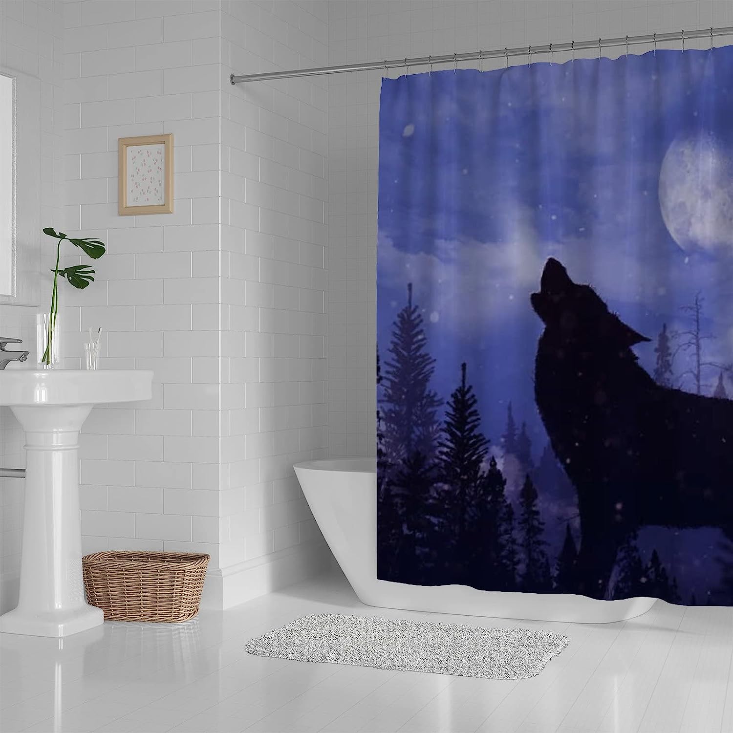 Howling Wolf Forest Snow Landscape Bathroom Decor Shower Curtain, RASHU Waterproof Fabric Bath Curtain Set