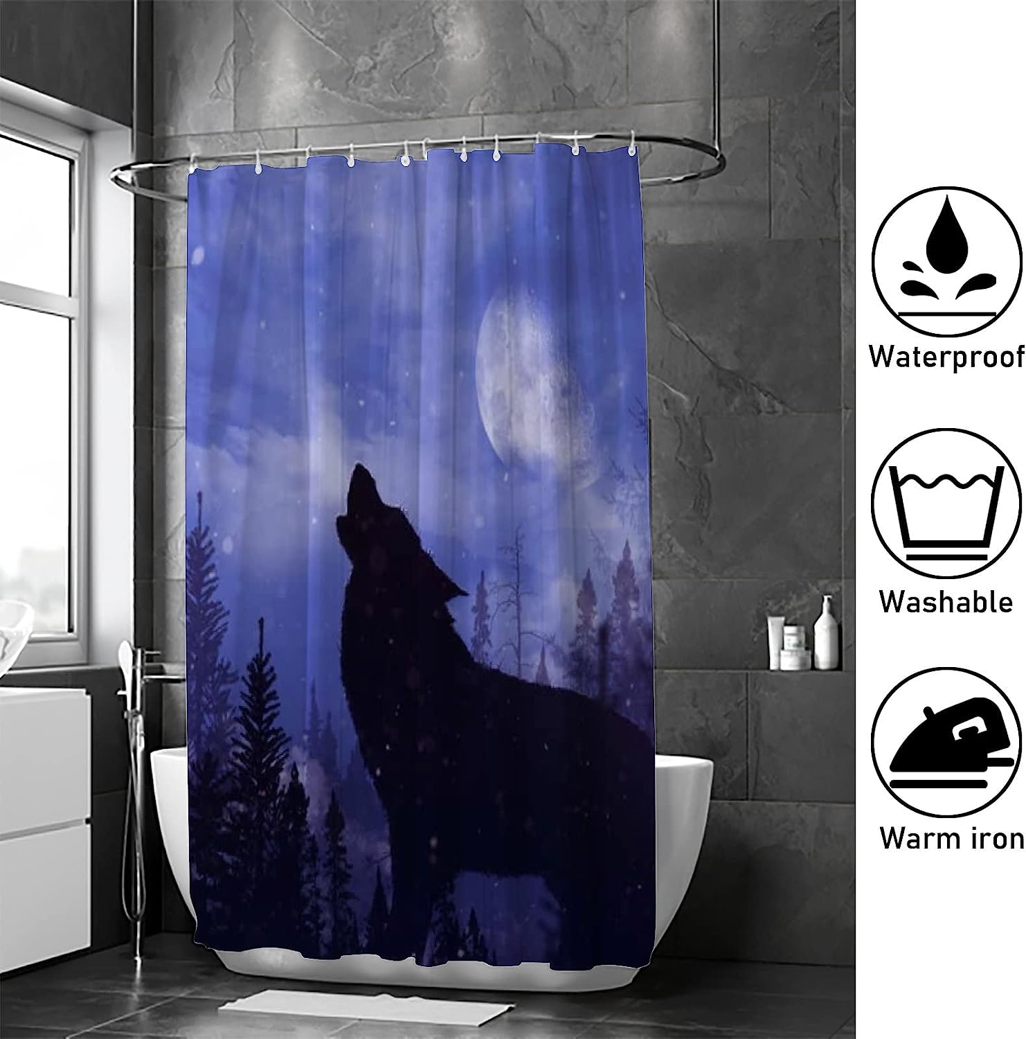 Howling Wolf Forest Snow Landscape Bathroom Decor Shower Curtain, RASHU Waterproof Fabric Bath Curtain Set