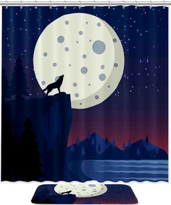 Howling Wolf Full Moon Print Waterproof Shower Curtain
