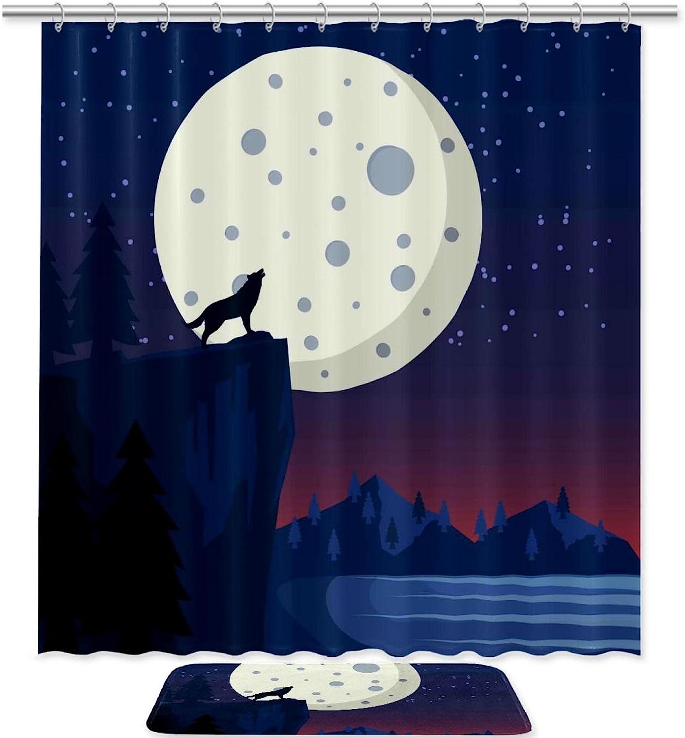 Howling Wolf Full Moon Print Waterproof Shower Curtain