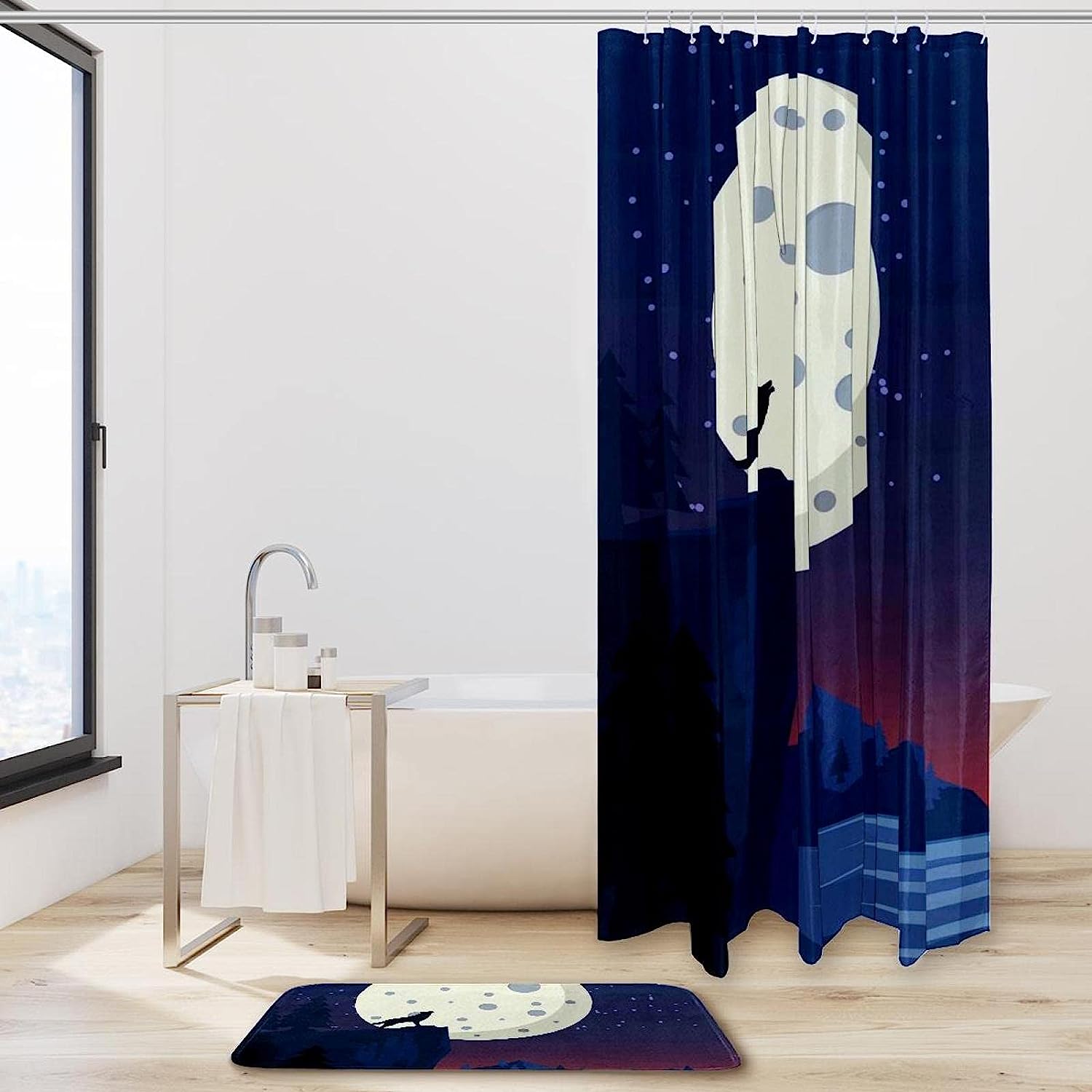 Howling Wolf Full Moon Print Waterproof Shower Curtain