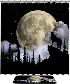 Howling Wolf Moon Shower Curtain with Animal Print for Wilderness Bathroom Decor