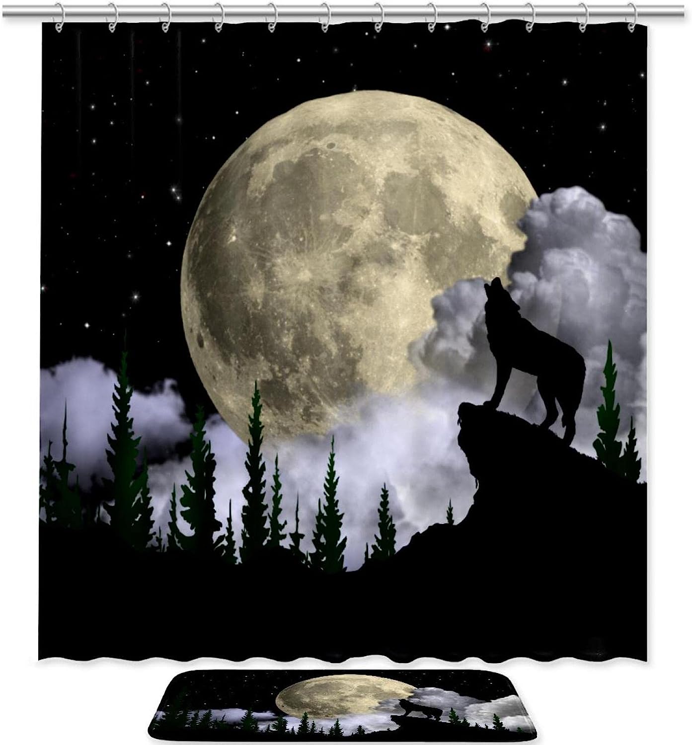 Howling Wolf Moon Shower Curtain with Animal Print for Wilderness Bathroom Decor