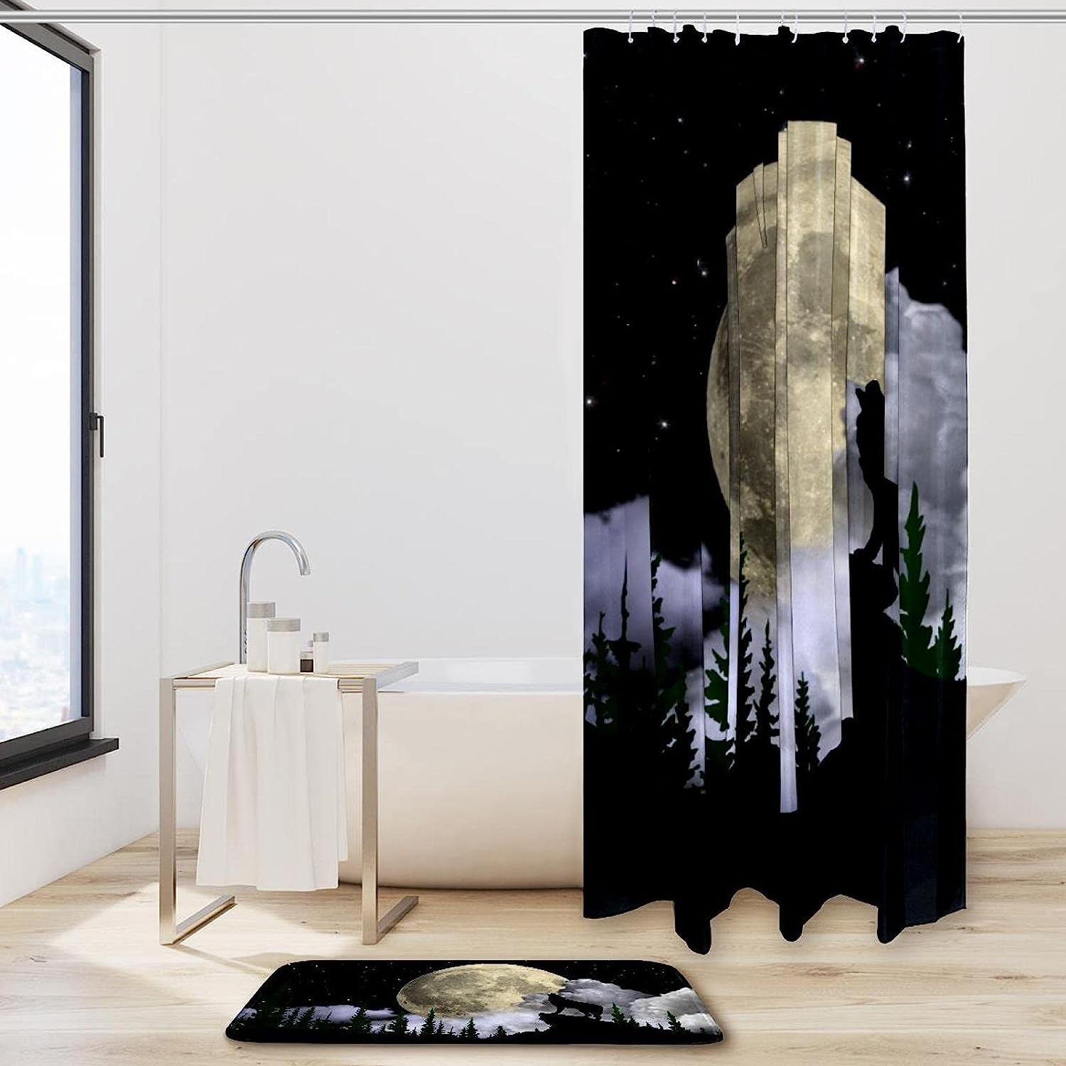Howling Wolf Moon Shower Curtain with Animal Print for Wilderness Bathroom Decor