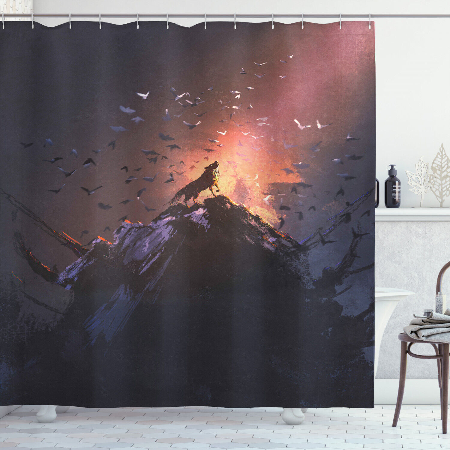 Howling Wolf On Rock Bathroom Print Shower Curtain