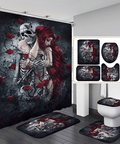 Hug Lover Skull Shower Curtain With Memory Foam For Gothic Bathroom Decor