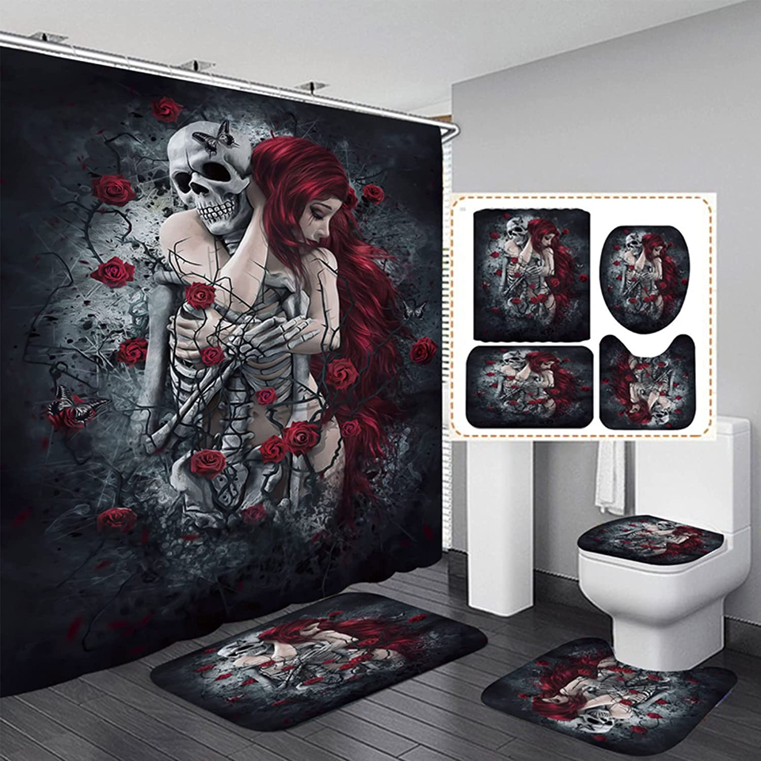 Hug Lover Skull Shower Curtain With Memory Foam For Gothic Bathroom Decor