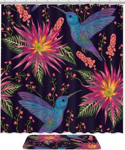 Hummingbird And Flowers Printed Shower Curtain For Bathroom Decor