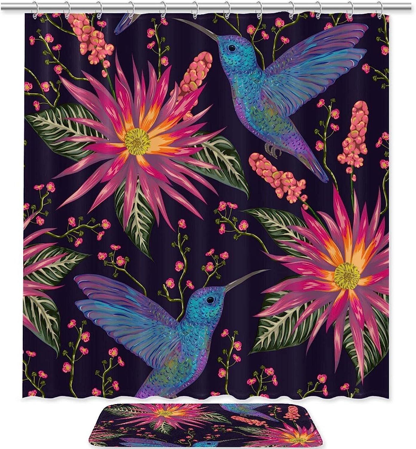 Hummingbird And Flowers Printed Shower Curtain For Bathroom Decor