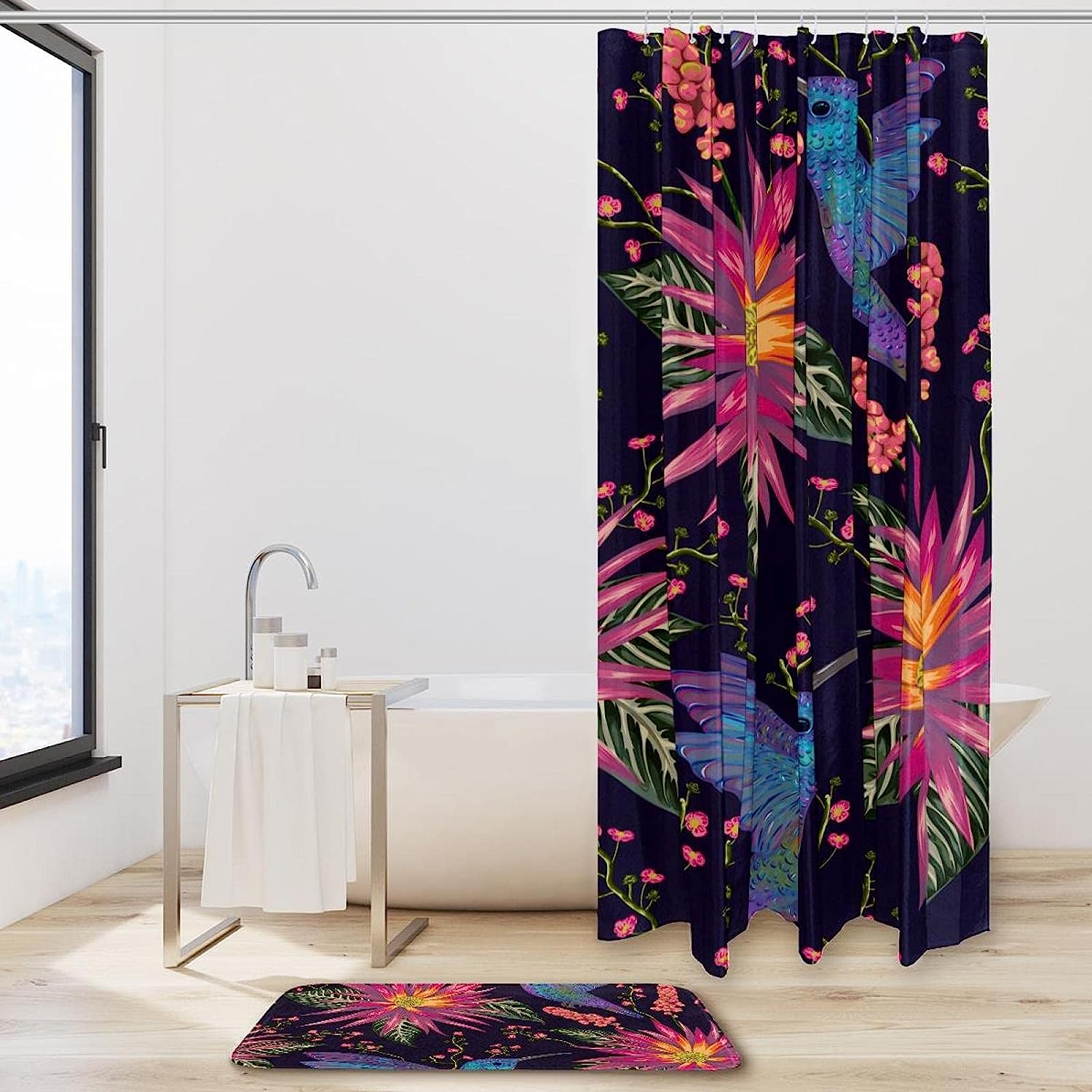Hummingbird And Flowers Printed Shower Curtain For Bathroom Decor