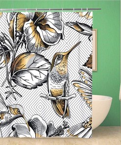 Hummingbird And Hibiscus Flowers On Gray Geometric Shower Curtain
