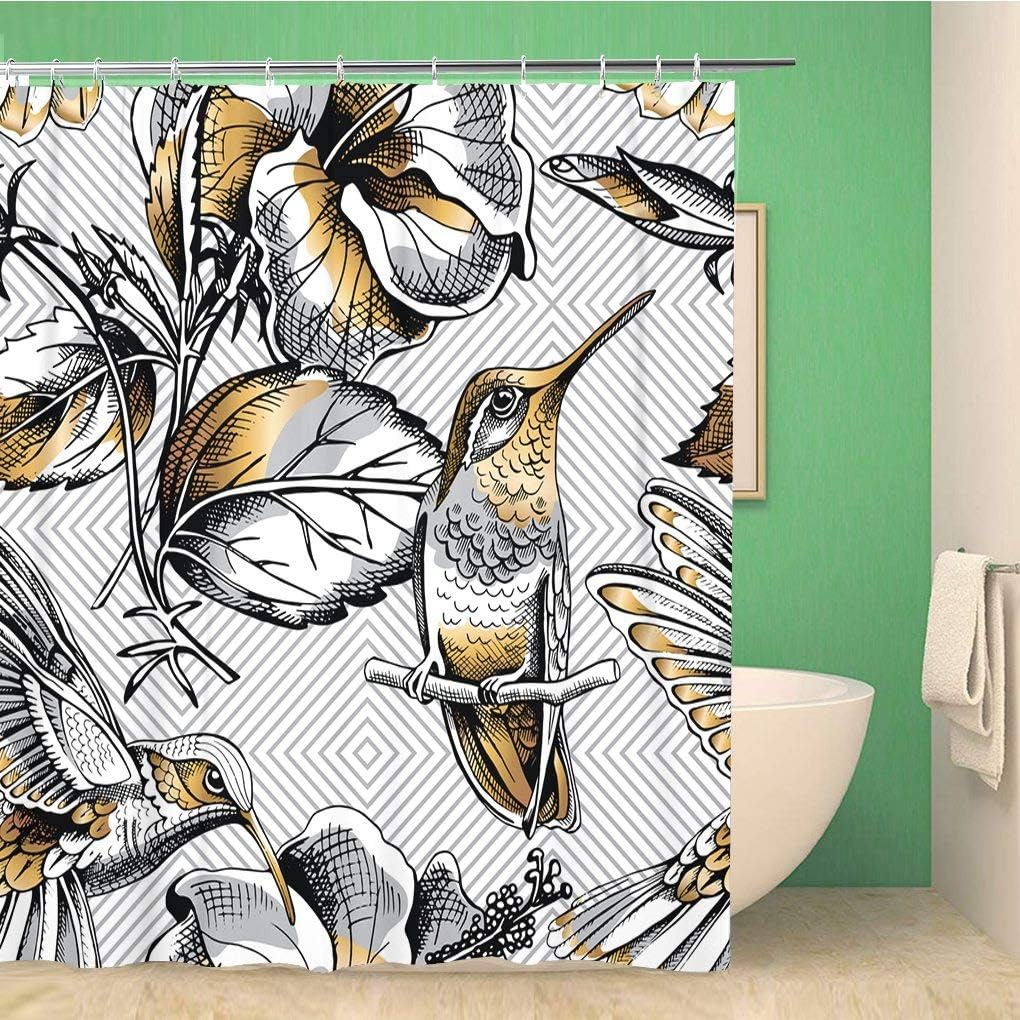 Hummingbird And Hibiscus Flowers On Gray Geometric Shower Curtain