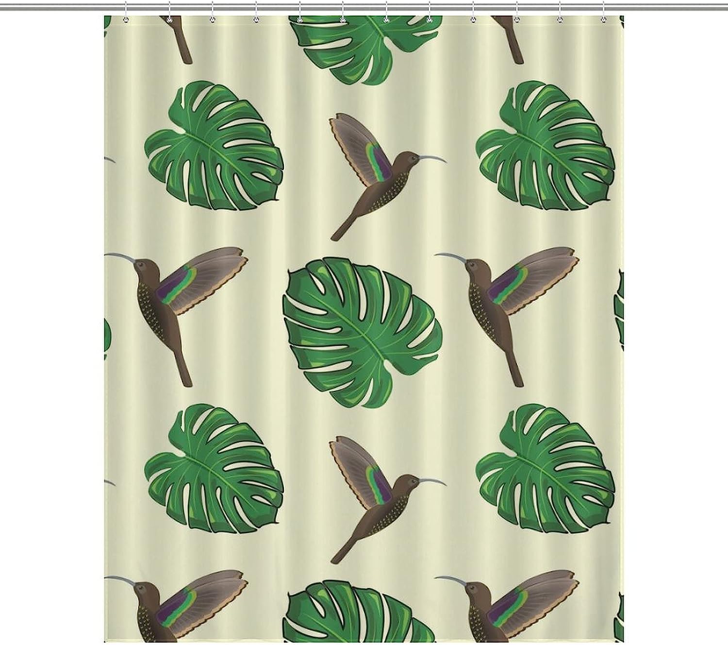 Hummingbird And Monstera Print Bathroom Shower Curtain For Funny Home Decoration