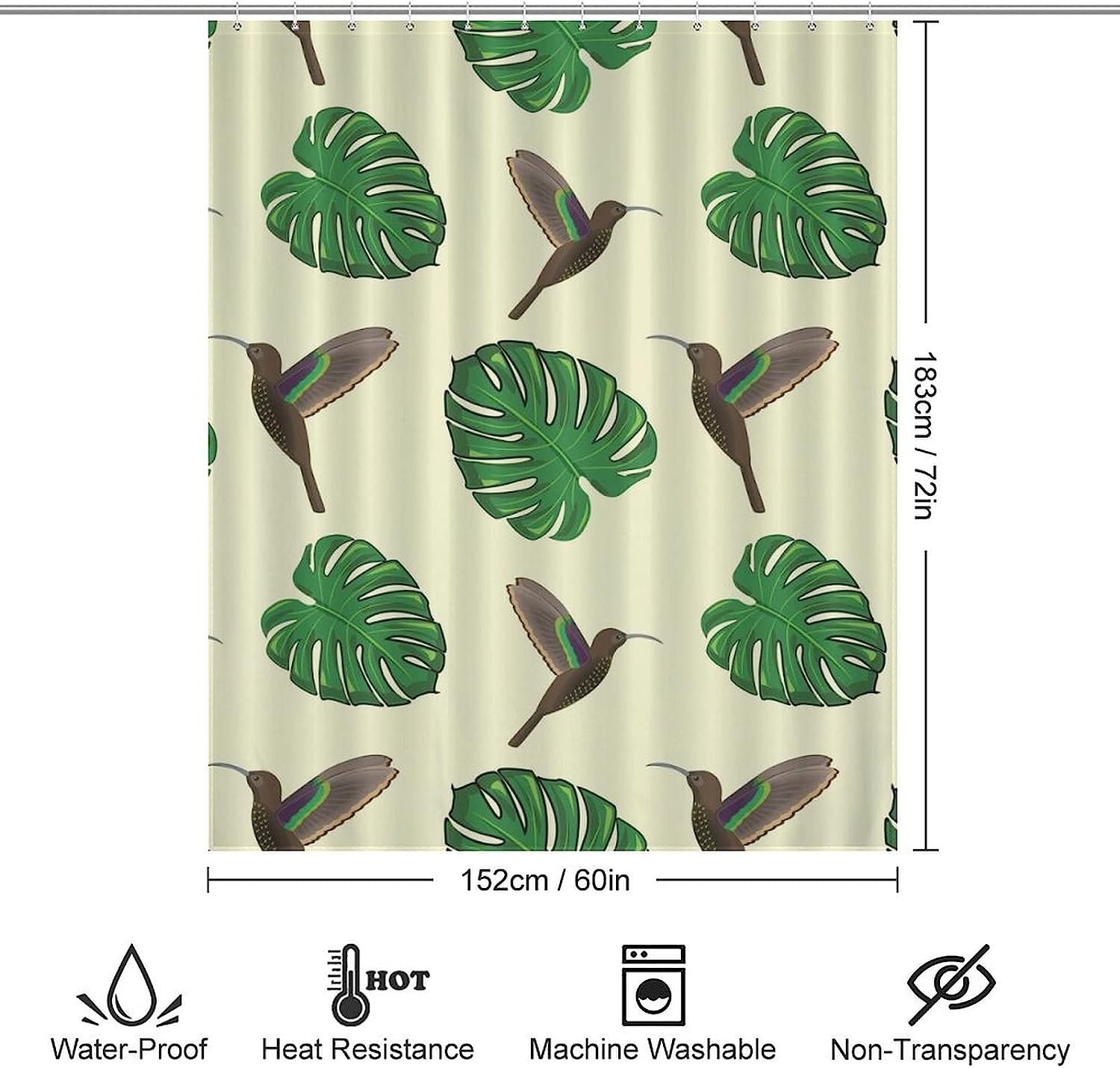 Hummingbird And Monstera Print Bathroom Shower Curtain For Funny Home Decoration