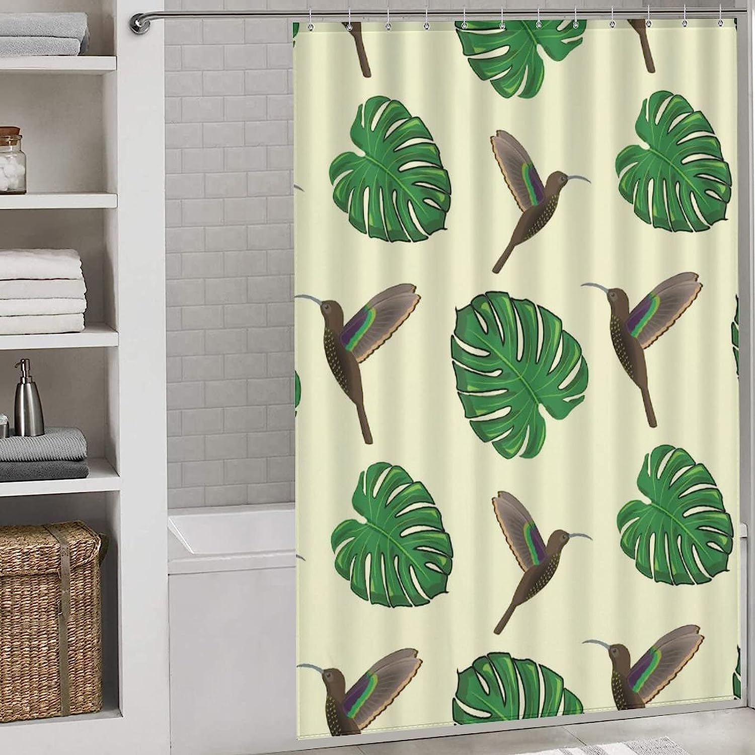 Hummingbird And Monstera Print Bathroom Shower Curtain For Funny Home Decoration
