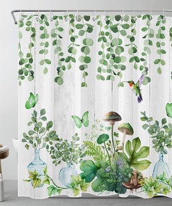 Hummingbird And Mushroom Botanical Green Shower Curtain For Farmhouse Bathroom,
