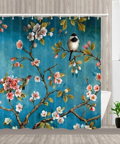 Hummingbird And Pink Plum Fabric Shower Curtain For Bathroom Decor