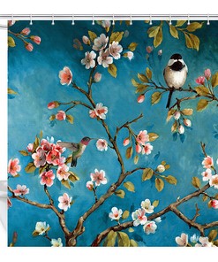 Hummingbird And Pink Plum Fabric Shower Curtain For Bathroom Decor