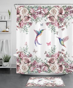Hummingbird Beige Floral Pink Flowers Fabric Shower Curtain For Bathroom Decor