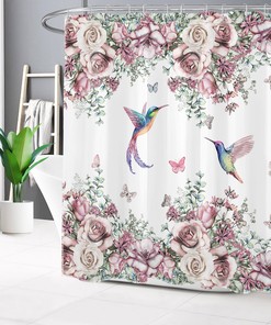 Hummingbird Beige Floral Pink Flowers Fabric Shower Curtain For Bathroom Decor