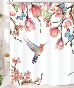 Hummingbird Blossom Plant Shower Curtain With Spring Floral Design, Machine Washable Fabric For Bathroom Decor
