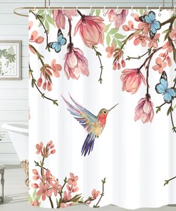 Hummingbird Blossom Plant Shower Curtain With Spring Floral Design, Machine Washable Fabric For Bathroom Decor