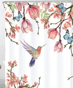 Hummingbird Blossom Plant Shower Curtain With Spring Floral Design, Machine Washable Fabric For Bathroom Decor