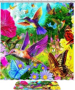 Hummingbird Floral Printed Waterproof Shower Curtain For Bathroom