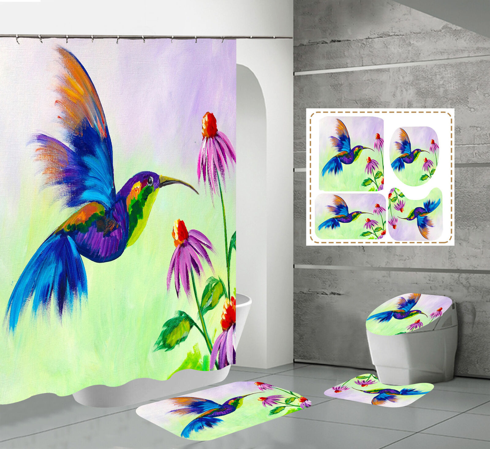 Hummingbird Flower And Bird Fabric Shower Curtain For Bathroom