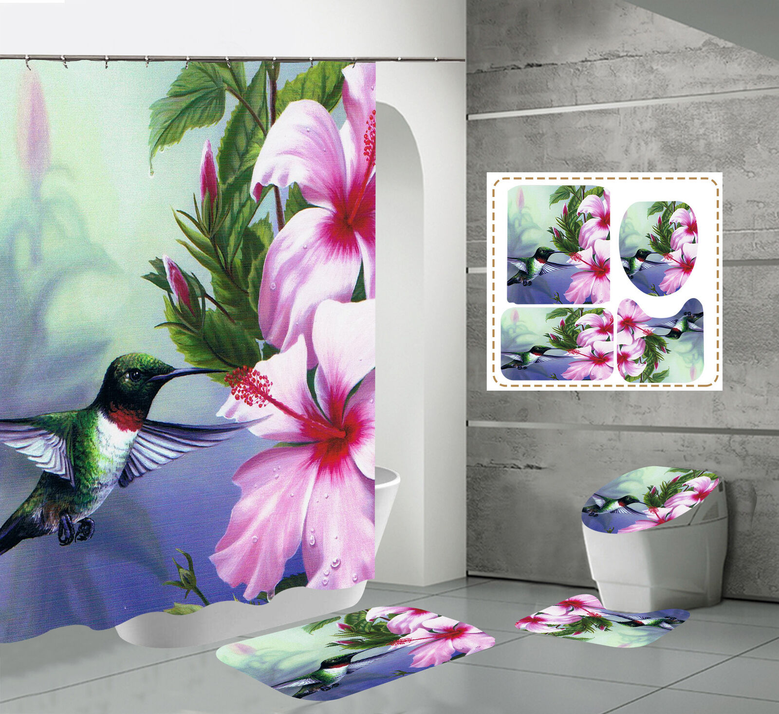 Hummingbird Flower Design Fabric Shower Curtain For Bathroom
