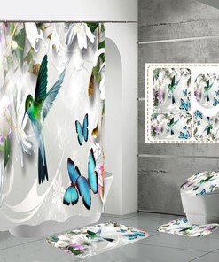 Hummingbird Flower Print Polyester Shower Curtain For Bathroom