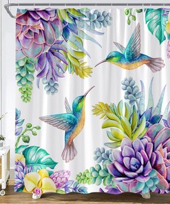 Hummingbird Flower Shower Curtain with Purple Succulent Garden Nature Decor for Bathroom 