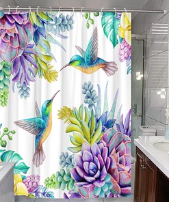 Hummingbird Flower Shower Curtain with Purple Succulent Garden Nature Decor for Bathroom