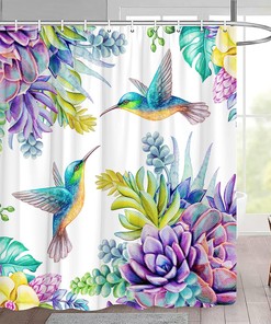 Hummingbird Flower Shower Curtain with Purple Succulent Garden Nature Decor for Bathroom 