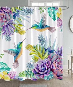 Hummingbird Flower Shower Curtain with Purple Succulent Garden Nature Decor for Bathroom 