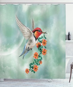 Hummingbird Flying With Floral Branch Shower Curtain For Bathroom