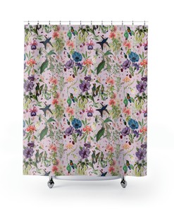 Hummingbird Garden Shower Curtain with Shabby Chic Floral Patterns for a Charming Bathroom