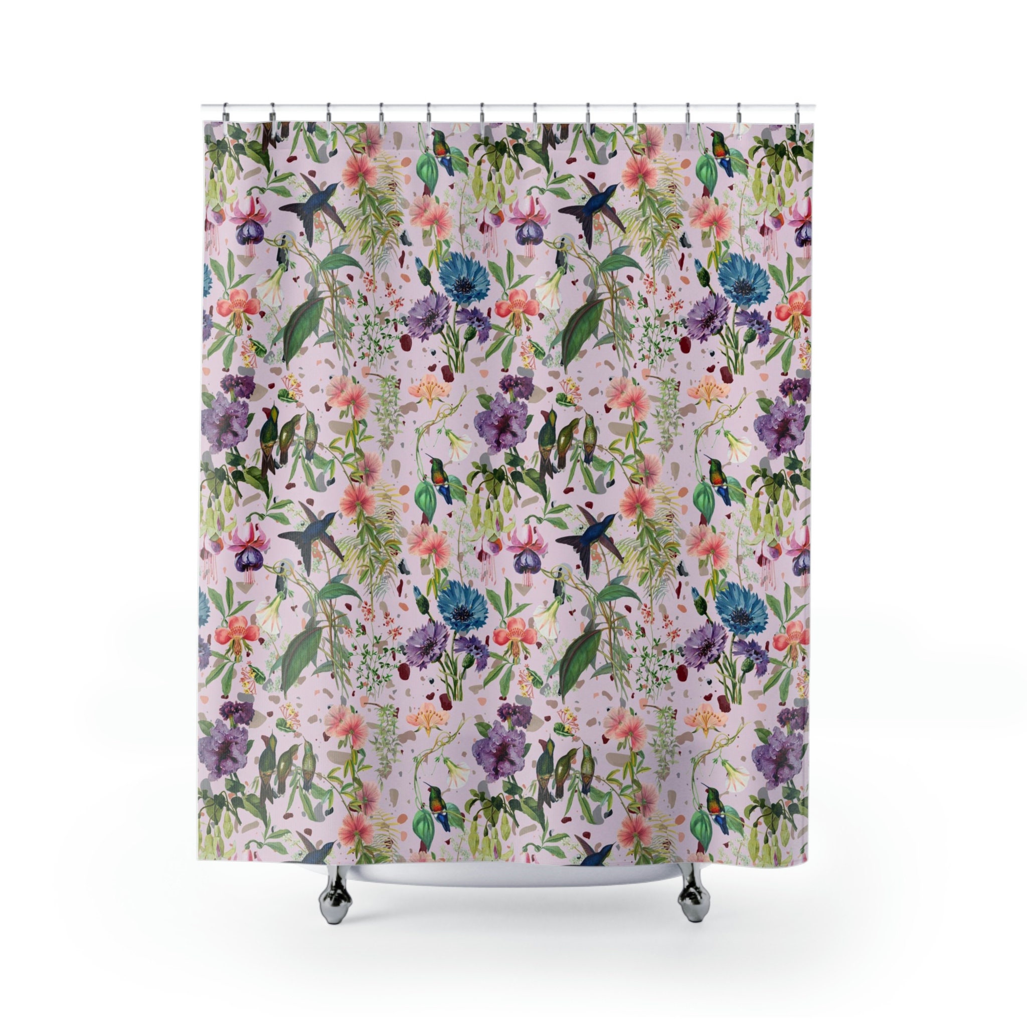 Hummingbird Garden Shower Curtain with Shabby Chic Floral Patterns for a Charming Bathroom