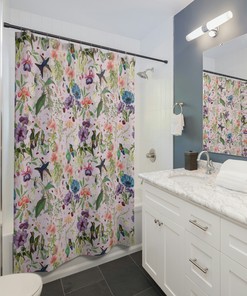 Hummingbird Garden Shower Curtain with Shabby Chic Floral Patterns for a Charming Bathroom