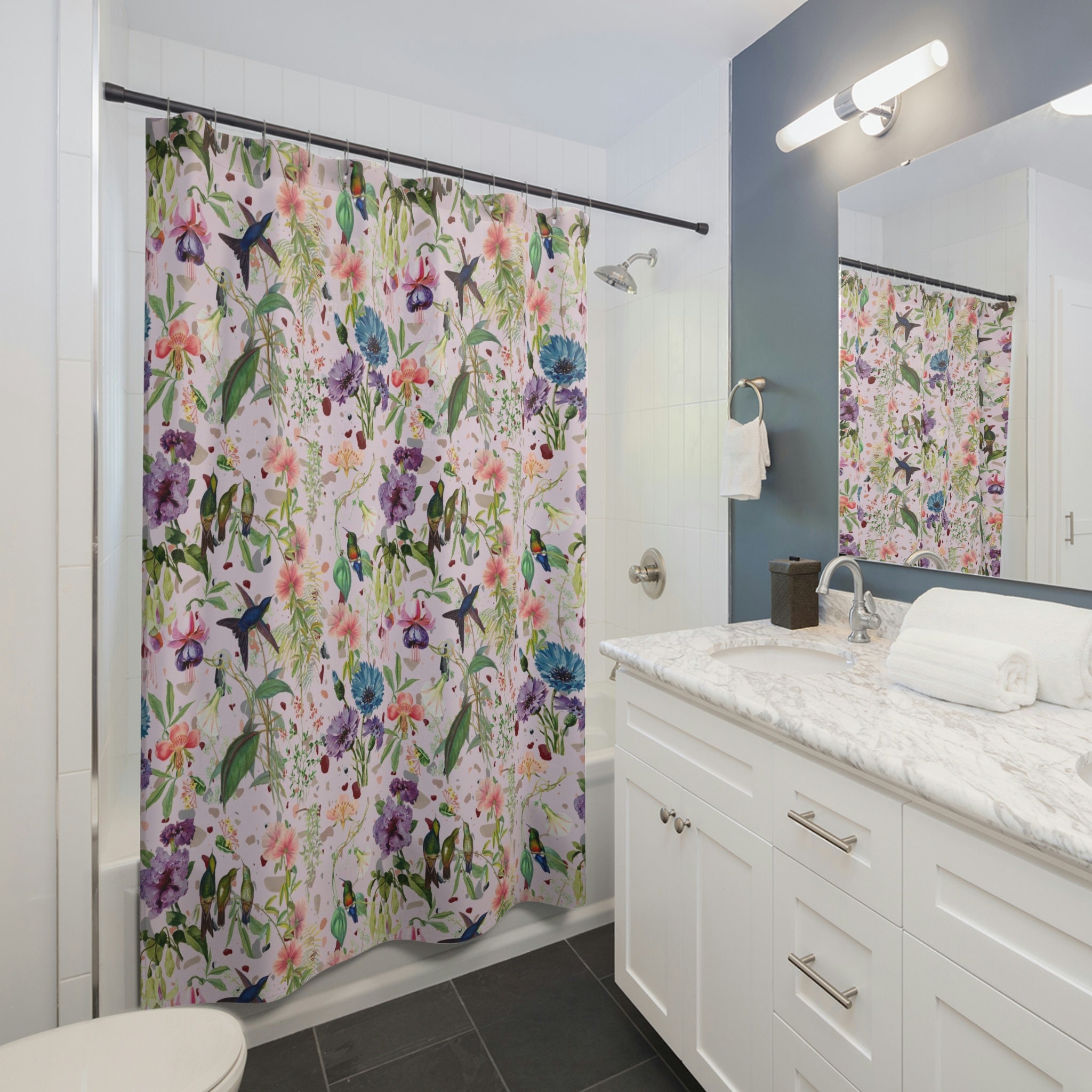 Hummingbird Garden Shower Curtain with Shabby Chic Floral Patterns for a Charming Bathroom