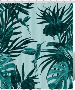 Hummingbird Palm Leaf Green Tropical Fabric Shower Curtain for Bathroom Decor