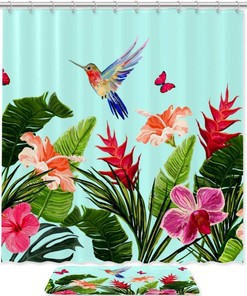 Hummingbird Palm Leaves Butterflies Floral Shower Curtain For Bathroom Decor