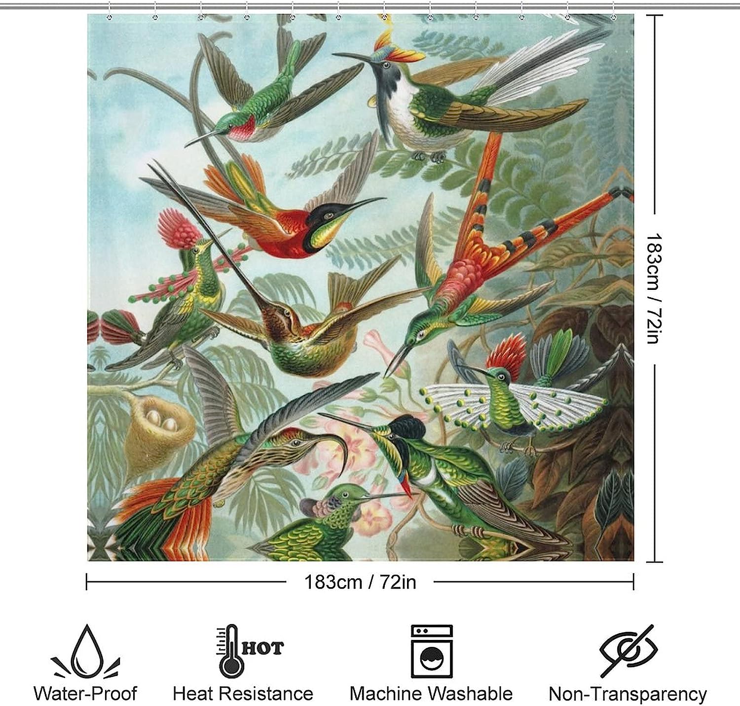 Hummingbird Pattern Printed Waterproof Shower Curtain For Bathroom