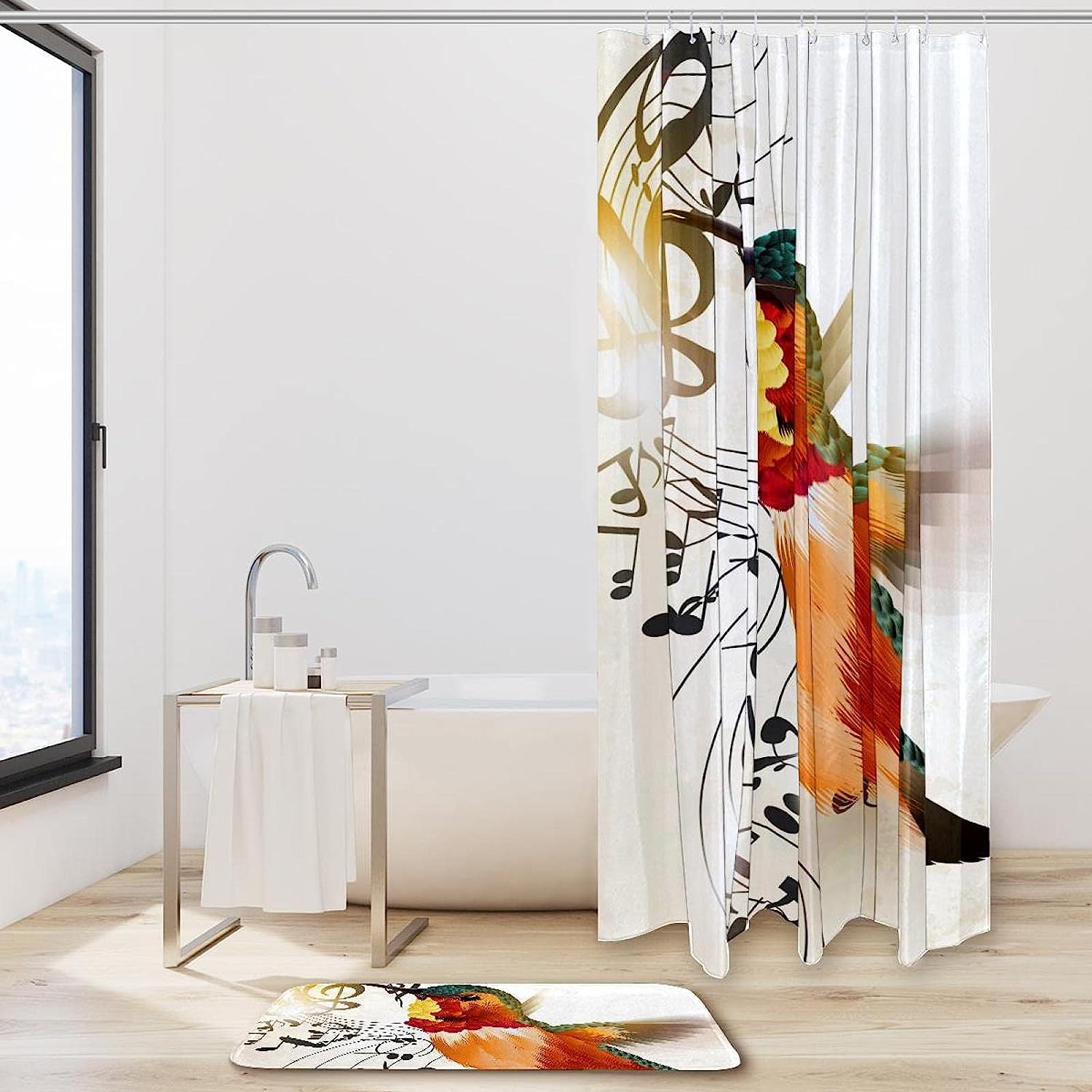 Hummingbird Playing Music Note Shower Curtain For A Musical Bathroom - Image 2