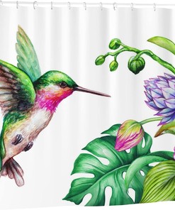 Hummingbird Printed Flowers Shower Curtain With Rust-Resistant Grommets For Your Bathroom