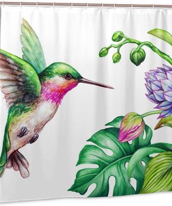 Hummingbird Printed Flowers Shower Curtain With Rust-Resistant Grommets For Your Bathroom